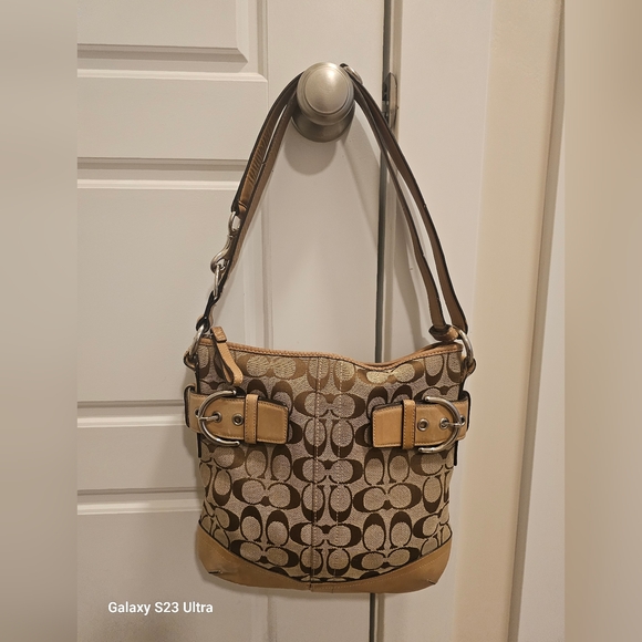 Coach Tan & Brown Signature Jacquard Buckle Shoulder Bag 3574 - Picture 1 of 16